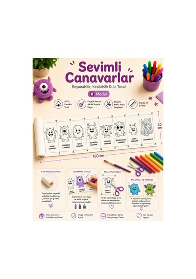 Boyanabilir Kesilebilir Rulo Tuval Sevimli Canavarlar 8 Model Çocuk Boyama Seti 160x30 Cm