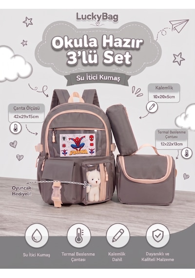 Kore Kawaii Tarzı Erkek Kız Okul Çantası Aksesuarlı Kız Çocuk Ve Erkek Çocuk Sırt Çantası 3'lü Set Gri