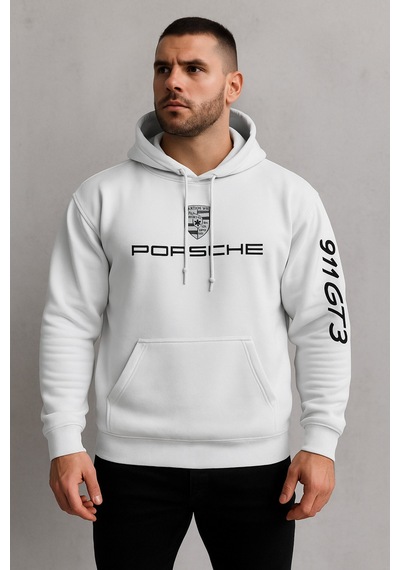 Hmo Store Unisex 911 Gt3 Rs Kapüşonlu Hoodie Beyaz Spor Tarz Beyaz