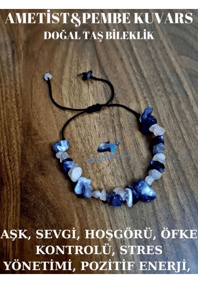 Gümüştel El Sanatları Sertifikalı Doğal Kırık Taş Pembe Kuvars & Ametist Taşı Bileklik Asansörlü Kilit Sistemi Çok Renkli