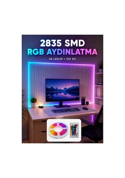 5m Rgb Şerit Led Seti 12v 2835 Smd Kumandalı Ev Oda Ve Dekoratif Ambiyans Aydınlatma Belirtilmemiş