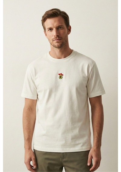Elemge Pamuk Compact Penye Süprem Ekru Avakado Nakışlı Trend Fit Erkek Tok Kumaş T-shirt Rahat Kesim 2XL