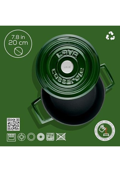 Lava Premium Serisi - Döküm Yuvarlak Tencere, 20 Cm, Majolik Yeşil 12v