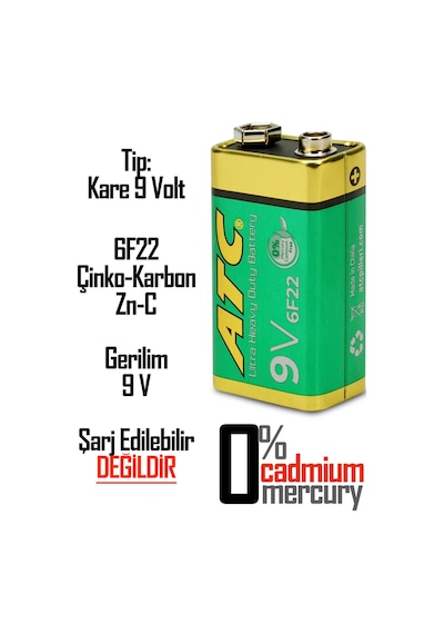 Atc 20li 9v Volt Kare Pil Heavy Duty Elektronik Pili Çinko Karbon Pil Zn-c 9 V