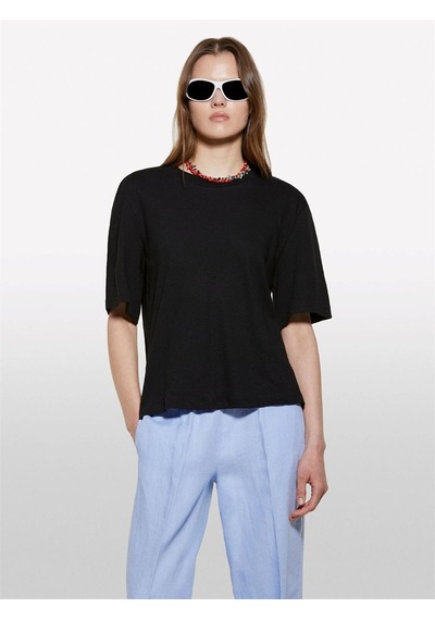 Sisley Keten Karışımlı Bisiklet Yaka T-shirt Kadın Siyah T-shirt - 325p3utfl107c