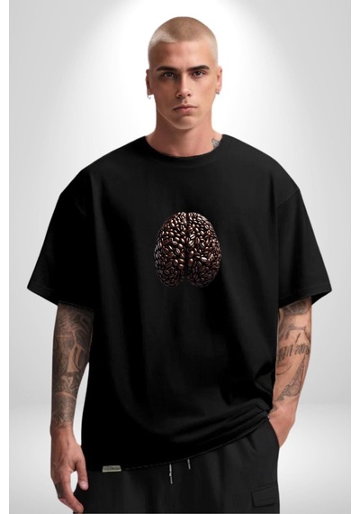 Kuru Kahve Çekirdeği Beyin Pamuklu Bisiklet Yaka Unisex Oversize Boyfriend Dijital Baskılı Siyah T-shirt Siyah