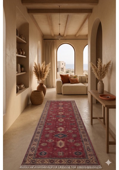 Salon Halısı Bordo Krem Etnik Desenli Kaymaz Taban Th-3025-2 Kırmızı - Krem - Lacivert