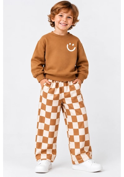 Rony Pony Kids Erkek Çocuk 3 İplik Gülen Yüz Baskılı Sweatshirt Ve Dama Desenli Bol Paça Eşofman Takımı Kahverengi Krem Rony Pony Kids Erkek Çocuk 3 İplik Gülen Yüz Baskılı Sweatshirt Ve Dama Desenli Bol Paça Eşofman Takımı Kahverengi Krem