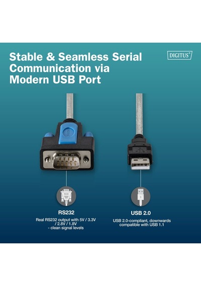 Dıgıtus Usb - Rs232 Db9 Çevirici Kablo 1.8m Ftdı Chip Windows / Mac / Linux Uyumlu