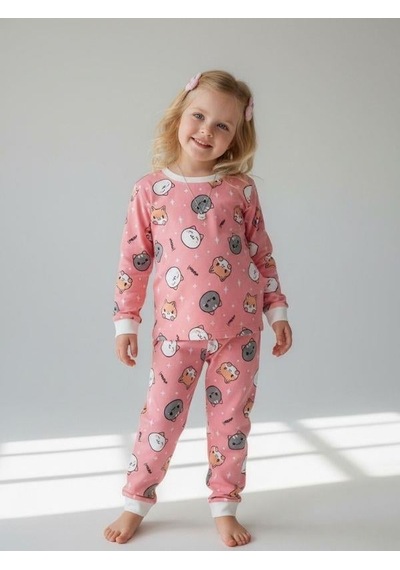 Kız Çocuk Kedi Baskılı Pamuklu Pijama Takımı-16832 Renkli