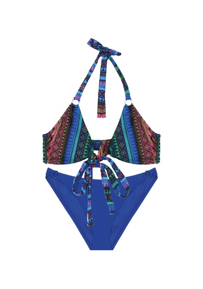 İpli Üçgen Kesim Boyundan Bağlamalı Desenli Bikini Takım