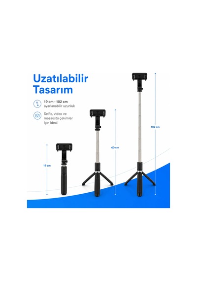 PELL L02 Bluetooth Kumandalı Tripod Selfie Çubuğu 100cm, 4 In 1 Kablosuz Monopod