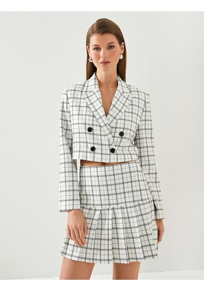 Koton Crop Blazer Ceket Kruvaze Kapama Düğmeli Ekru Ekose 4sak50058uw Ekru