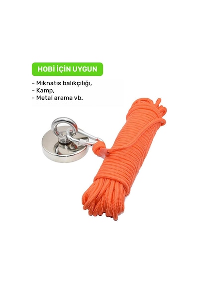 Fosforlu 6 mm Turuncu Halat - Mıknatıs Balıkçılığı Halatı - 25 metre - Karabina Kancalı Set