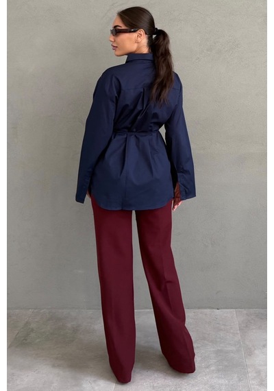 Madmext Lacivert Belden Bağlamalı Oversize Cepli Gömlek Mg2798