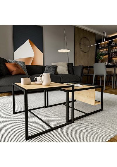Batı 2 Li Modern Orta Sehpa Takımı Metal Ayaklı, Alt Raflı Safir Meşe Batı 2 Li Modern Orta Sehpa Takımı Metal Ayaklı, Alt Raflı Safir Meşe