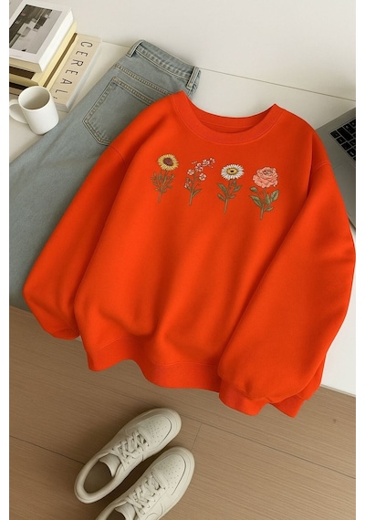 Benroma 3 İplik Penye Çiçek Baskılı Unisex Sweatshırt Turuncu