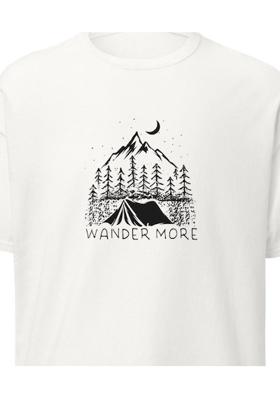 Wildstyle Wander More Gezgin Dağ Kamp Çadır Doğa Baskılı Unisex Pamuklu Tişört Beyaz