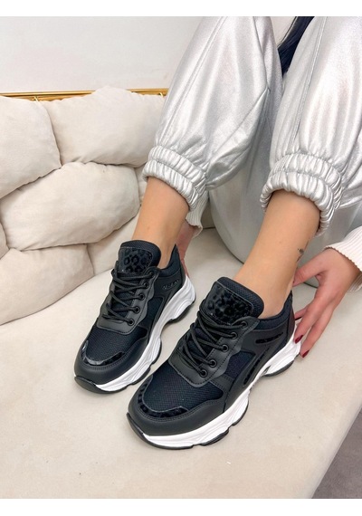 Erva'nın Butiği Siyah Cilt Leo Leopar Detaylı Kadın Bağcıklı Sneakers-5199