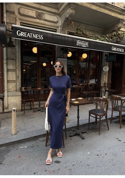 Defymoda Osy Modal Yumuşak Dokulu Kumaş Bisiklet Yaka Kısa Kollu Kuşaklı Uzun Elbise - Mavi Mavi