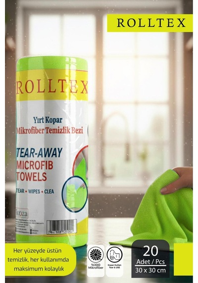 Rolltex Yırt Kopar %100 Mikrofiber Temizlik Bezi 30x30cm 20'li Yeşil Renk Gri