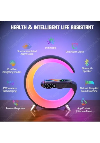 Vilya G Bluetooth Hoparlör 15w Hızlı Şarj Gece Lambası Alarm Özel Asistan Led Ambiance 5in1