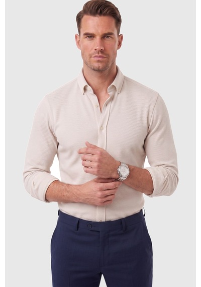 Rizzup Erkek %97 Pamuk Slim Fit Dar Kesim Petek Dokulu Likralı Örme Bej Gömlek 2600707