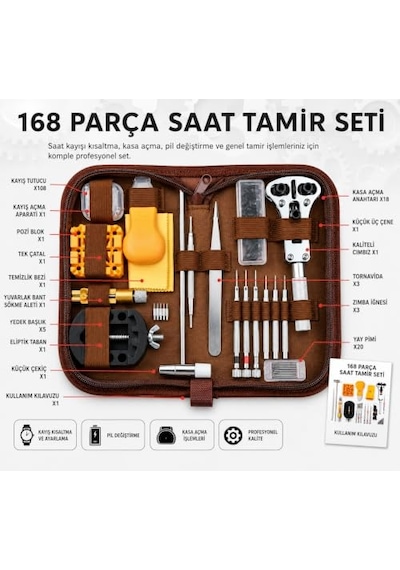 168 Parça Saat Tamir Seti Kordon Kısaltma Kapak Açma Pil Değiştirme Profesyonel Tamir Çantası