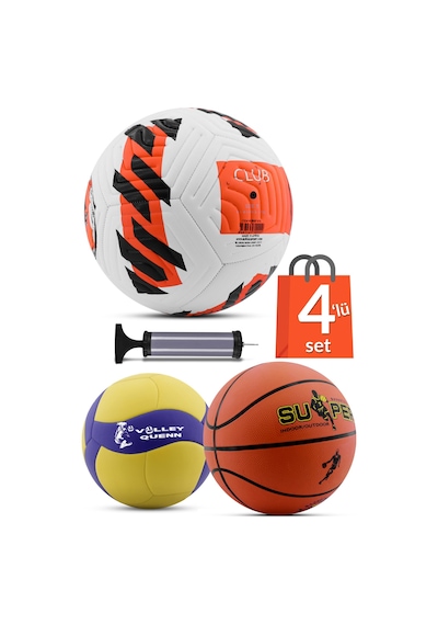 4'LÜ SET Basketbol Voleybol Sert Zemin Futbol Topu Top Şişirme Pompası Seti Kırmızı-018 Çok Renkli