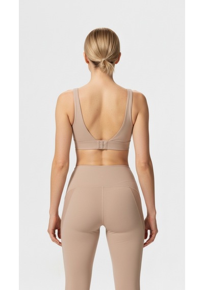 Yüksek Bel Toparlayıcı Tayt & V Sırt Destekli Spor Sütyeni - Sculpt Set Bej