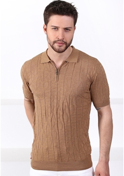 Ferraro Camel Polo Yaka Fermuarlı Erkek Pamuk Triko T-Shirt-Kahverengi (490417800) Kahverengi