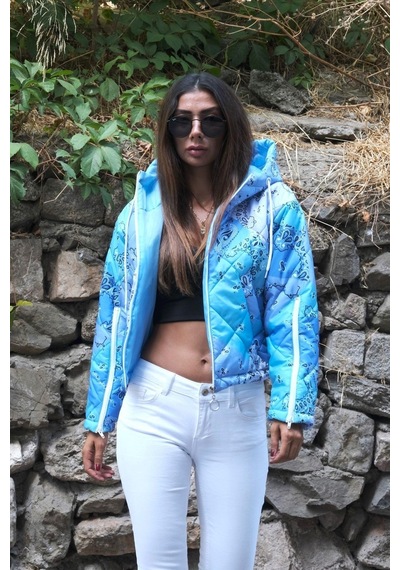 Keyifli Moda Kadın Mavi Desenli Kapüşonlu Kolları Fermuarlı Kısa Şişme Mont - S-m Mavi