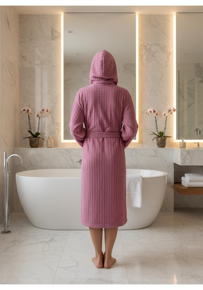 Pamuklu Kapüşonlu Unisex Bornoz Mürdüm