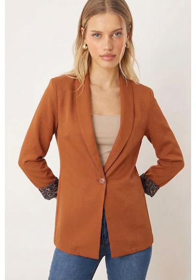 Armonika Kadın Camel Kol İçi Leopar Desenli Tek Düğmeli Ceket Arm-26k001088