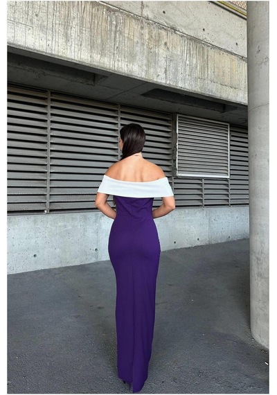 Khi-zai Kadın Trend Model Madonna Yaka Balık Kesim Abiye Elbise Mor