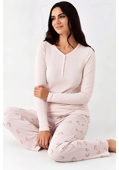 Pierre Cardin V Yaka Düğmeli Modal Kadın Pijama Takımı Toz Pembe