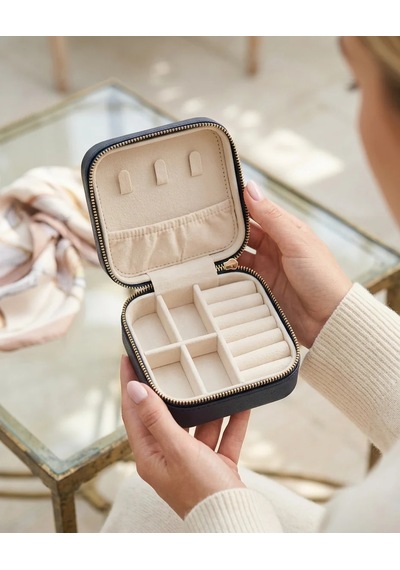 Takı Kutusu Düzenleyici Seyahat Çantası Kolye Yüzük Küpe Organizer Deri Lacivert 10x10 Mavi