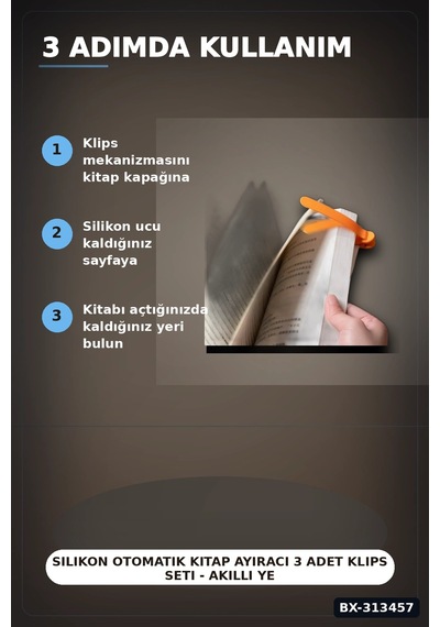 Silikon Otomatik Kitap Ayıracı 3 Adet Klips Seti - Akıllı Yer İmi Okuma Aksesuarı Bx-313457