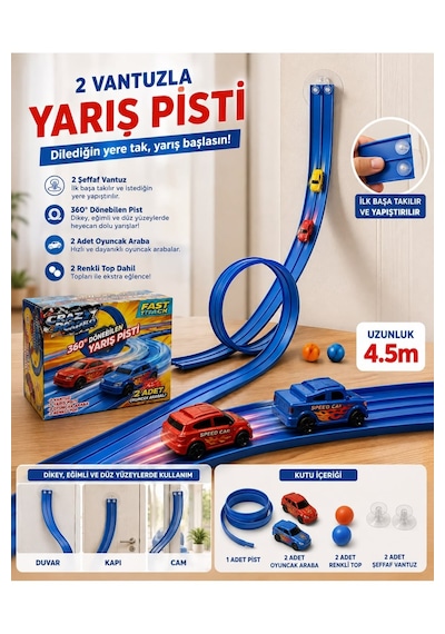 360 Dönebilen Yarış Pisti 4,5 Metre Vantuzlu Esnek Yarış Yolu 2 Arabalı Çocuk Oyuncağı Kırmızı - Mavi