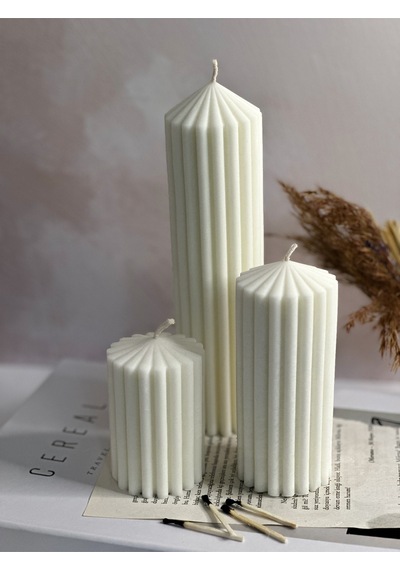 Dekoratif Üçlü Set Çizgili Silindir Sütun Kokulu Vegan Soya Mum Beyaz