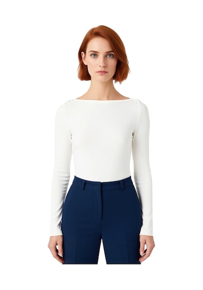 Ersefa Kadın Esnek Örme Kayık Yaka Uzun Kollu Slim Fit Bluz Kaliteli Şık Ekru