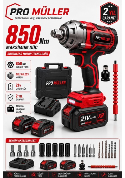 Pro Müller Profesyonel Series 21v Çift Akülü 850nm Torklu Bl Motor Şarjlı Darbeli Somun Sıkma Sökme Makinesi Setli