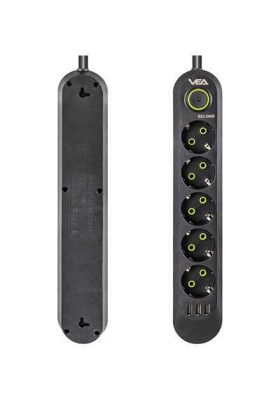 Vea Va 5'li Isıya Dayanıklı 3000 W 1.5 Metre Kablolu 3 Usb'li Akım Korumalı Priz