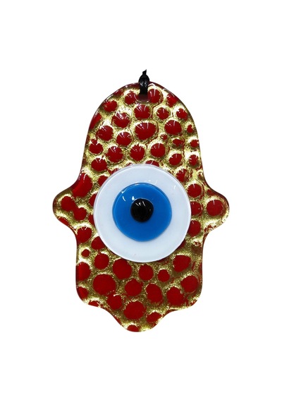 Cam Fatma Ana Eli Duvar Süsü Nazar Boncuklu - Kırmızı Gold Detaylı Hamsa Eli 10x15 Cm
