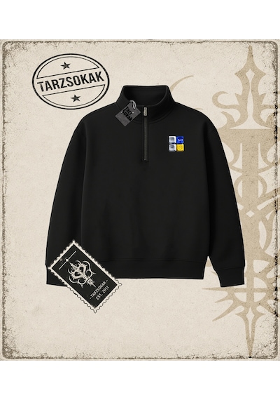 Tarzsokak Gotik & Grunge Streetwear Keycap 1 Yarım Fermuarlı Sweatshirt Siyah