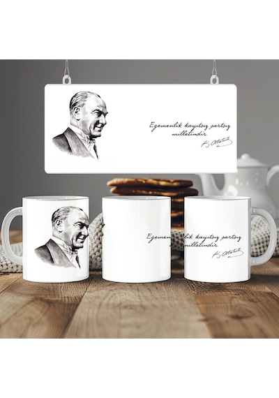 Atatürk Sözleri Ve Resmi Kupa Bardak - Mustafa Kemal İmzalı - '' Egemelik Kayıtsız Şartsız '' Beyaz