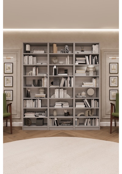 Asra Trend K-22 %100 MDF 180 cm 3 Modüllü Kitaplık 21 Raflı Dev Kütüphane Kül Gri