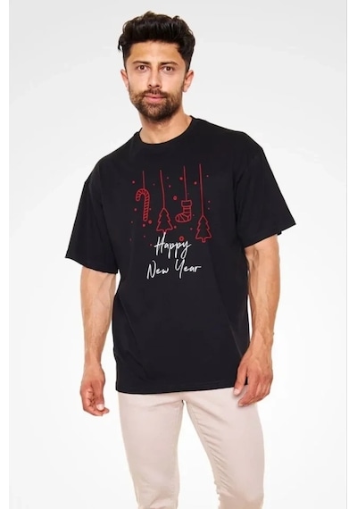 Vexor Unisex Bisiklet Yaka Baskılı Oversize T-shirt - Siyah Beyaz