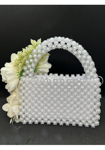 Luti Design Beyaz Boncuk Gelin Çantası / Çiçek Detaylı Özel Tasarım Nikah, Söz Ve Düğün Çantası