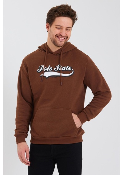Polostate Erkek Baskılı Kapüşonlu 3 İplik Sweatshirt Kahverengi